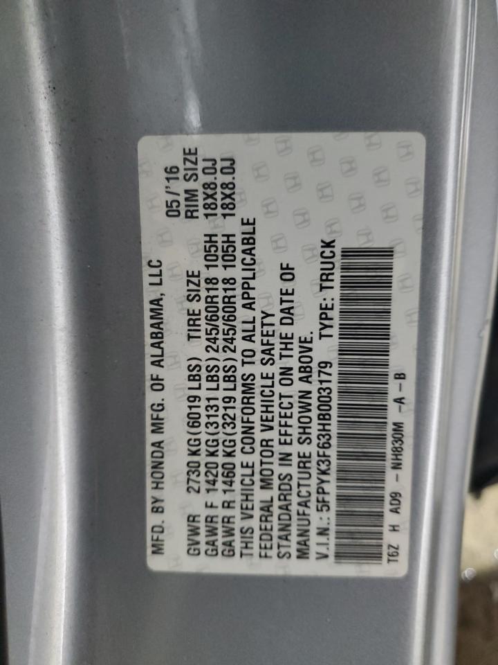 2017 Honda Ridgeline Rtl VIN: 5FPYK3F63HB003179 Lot: 70982885