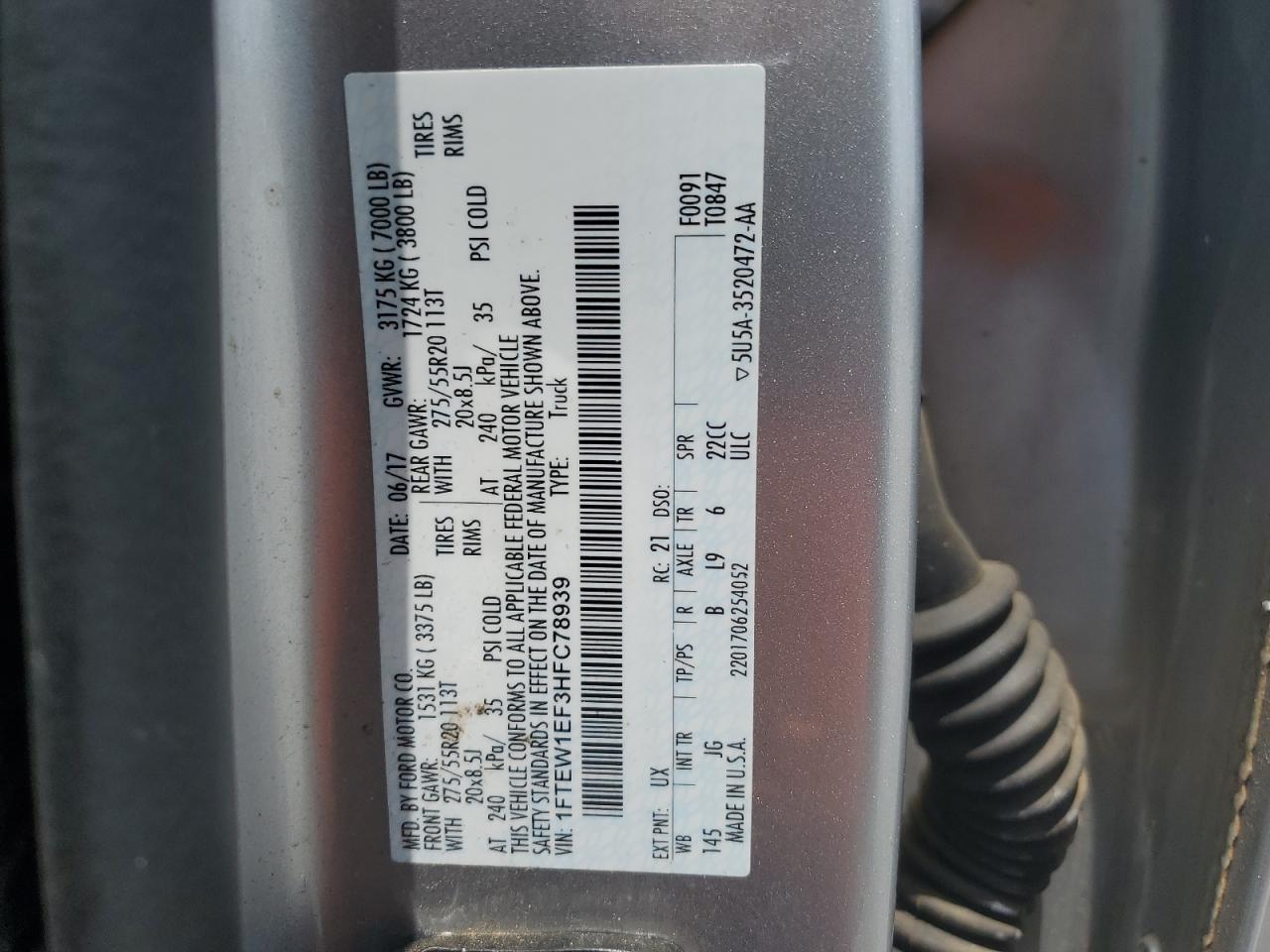 2017 Ford F150 Supercrew VIN: 1FTEW1EF3HFC78939 Lot: 68517605