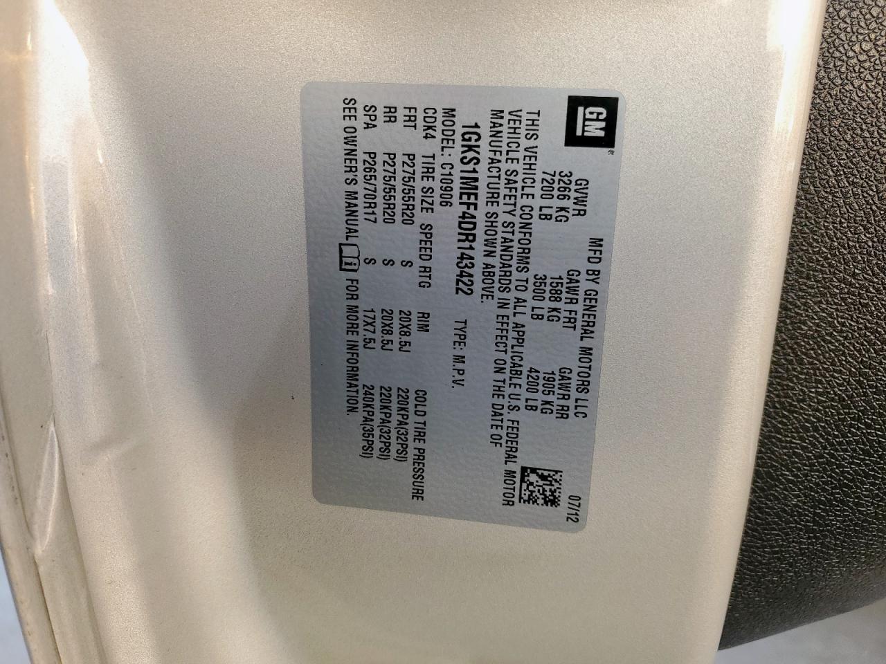 2013 GMC Yukon Xl Denali VIN: 1GKS1MEF4DR143422 Lot: 68238935