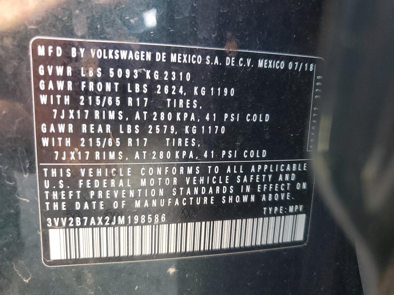 2018 Volkswagen Tiguan Se VIN: 3VV2B7AX2JM198586 Lot: 70026545