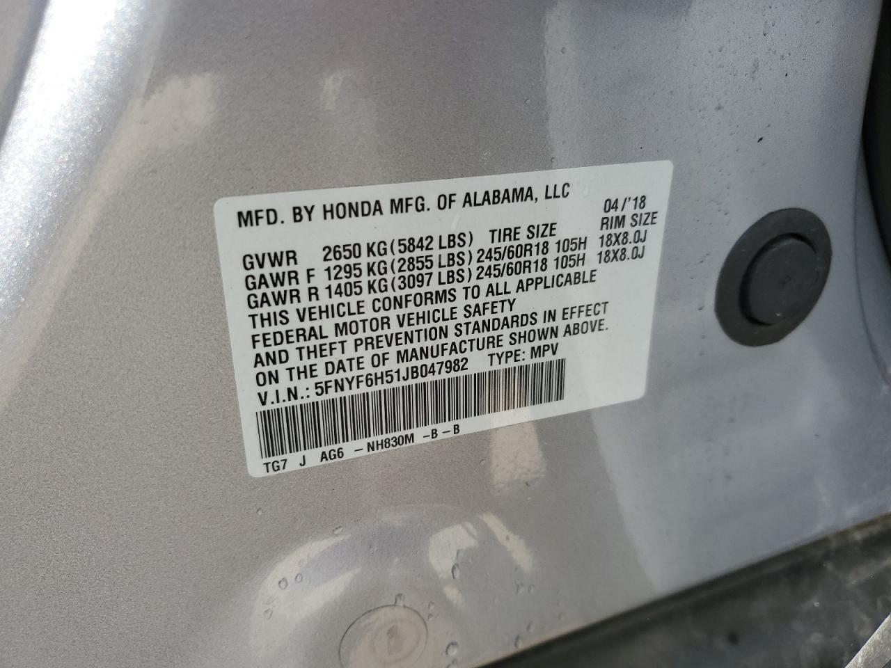 2018 Honda Pilot Exl VIN: 5FNYF6H51JB047982 Lot: 70465575