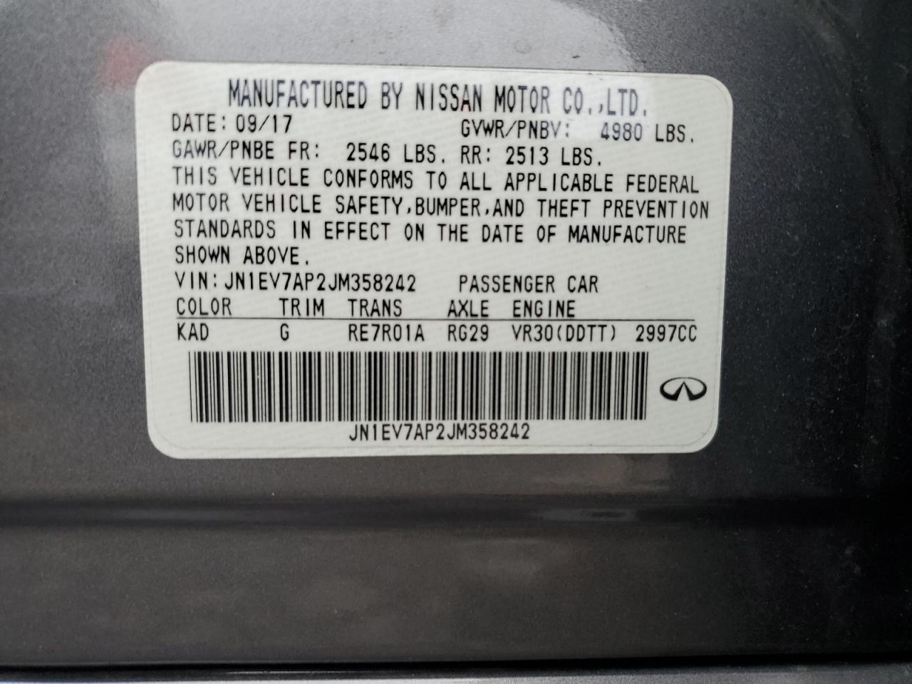 2018 Infiniti Q50 Luxe VIN: JN1EV7AP2JM358242 Lot: 67862995