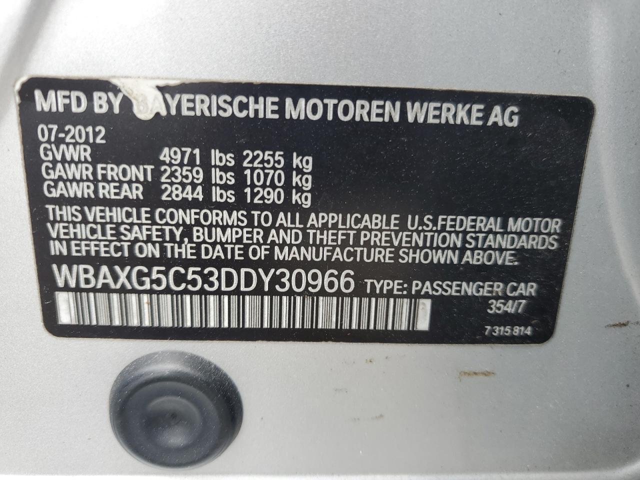 2013 BMW 528 I VIN: WBAXG5C53DDY30966 Lot: 67057975