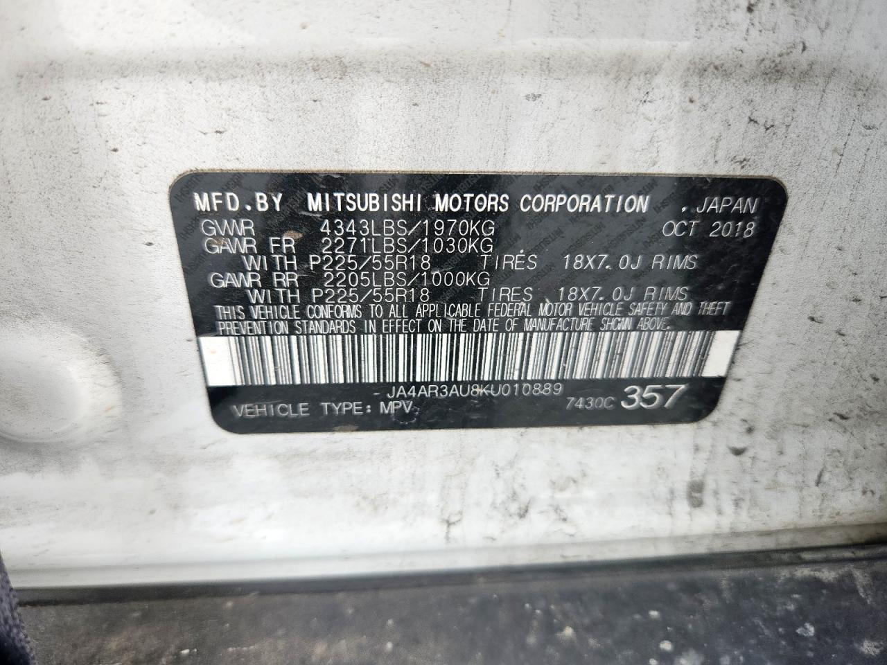 2019 Mitsubishi Outlander Sport Es VIN: JA4AR3AU8KU010889 Lot: 69882295