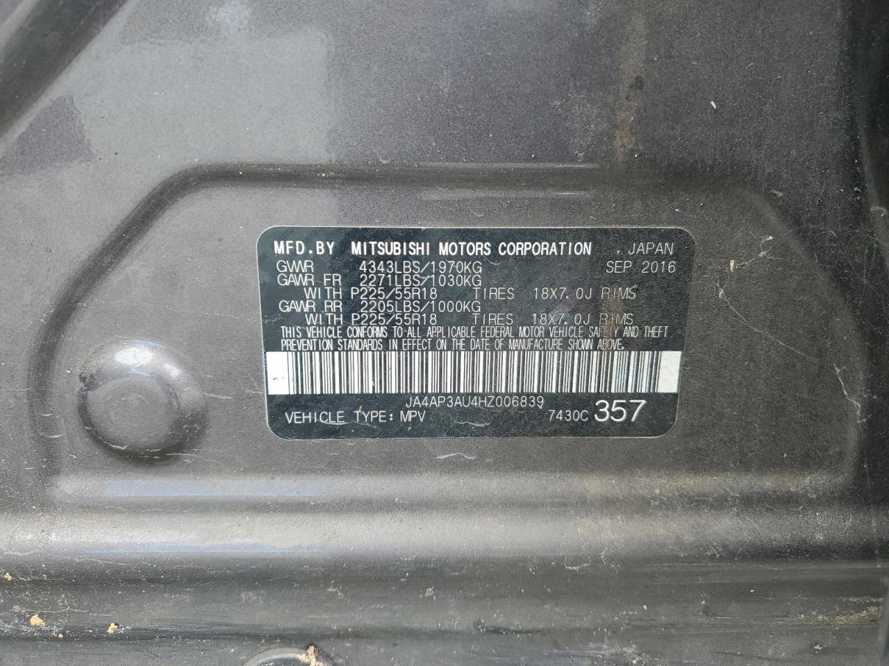2017 Mitsubishi Outlander Sport Es VIN: JA4AP3AU4HZ006839 Lot: 68500975