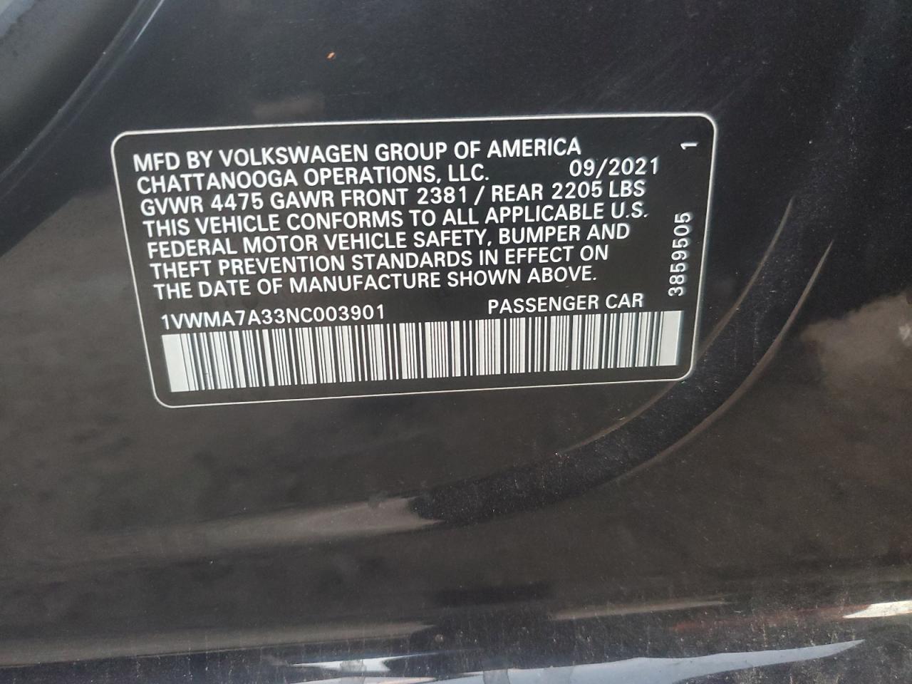 2022 Volkswagen Passat R-Line VIN: 1VWMA7A33NC003901 Lot: 68641055