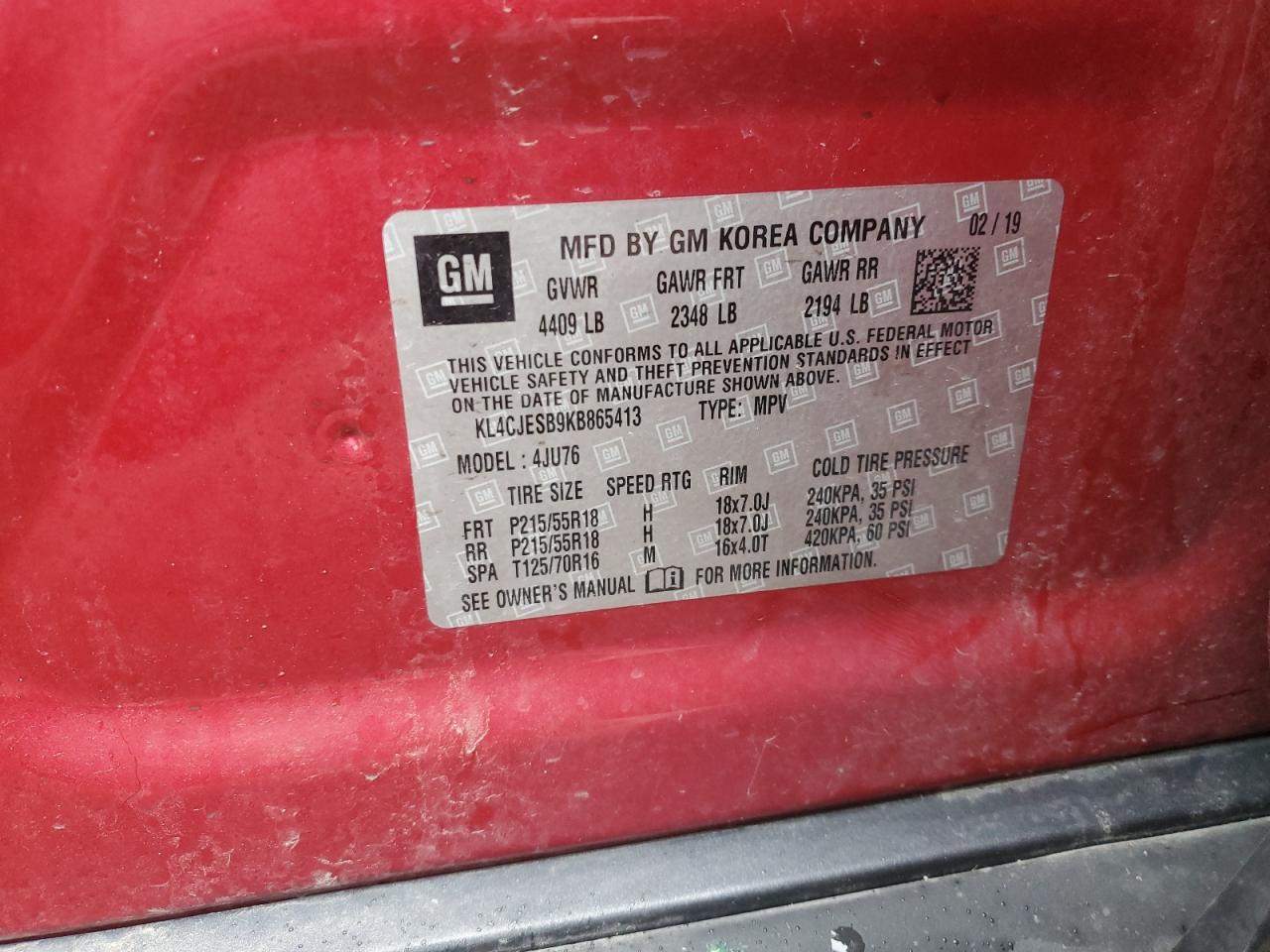 2019 Buick Encore Preferred VIN: KL4CJESB9KB865413 Lot: 69901845