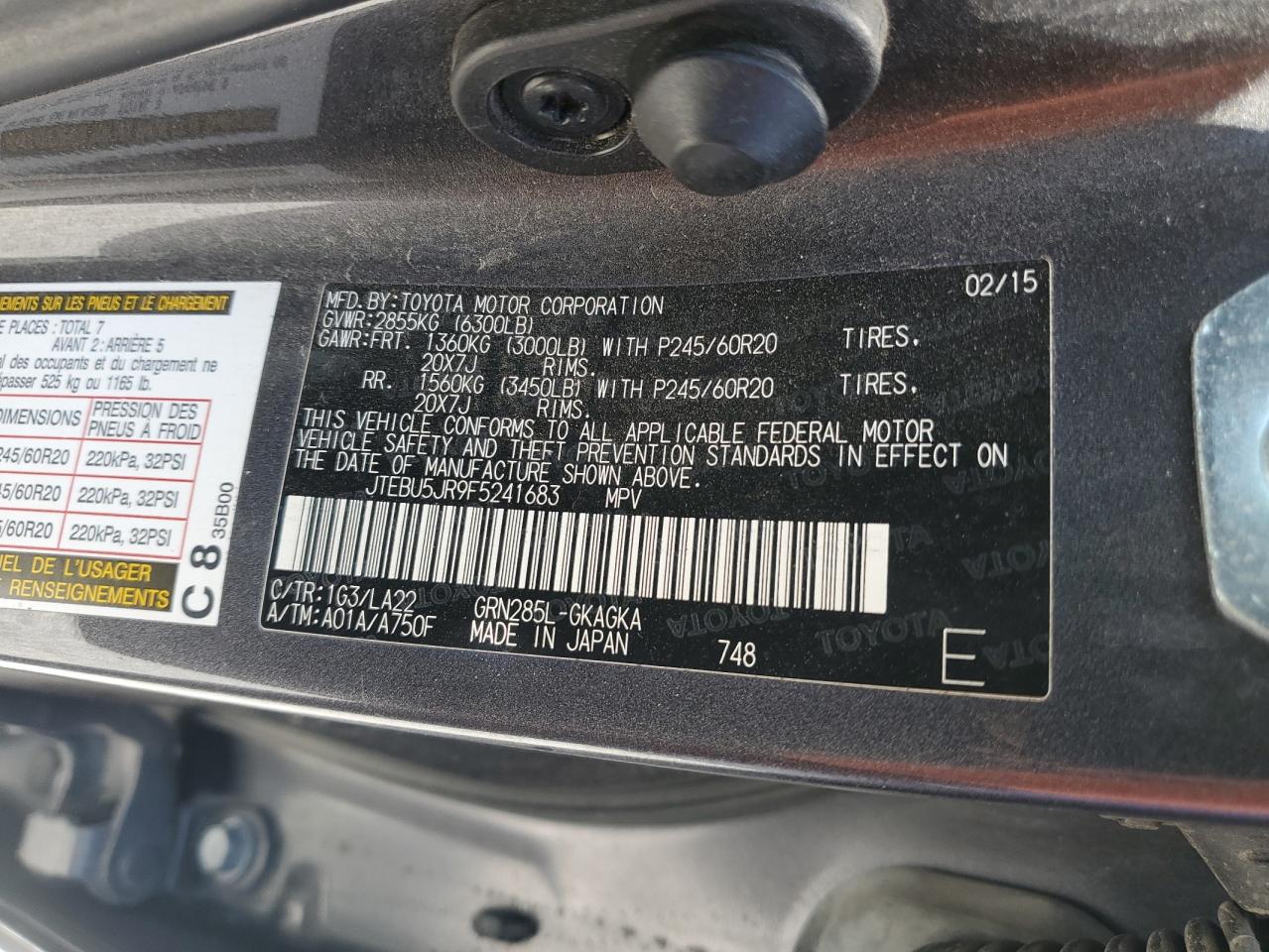 2015 Toyota 4Runner Sr5/Sr5 Premium VIN: JTEBU5JR9F5241683 Lot: 69910745