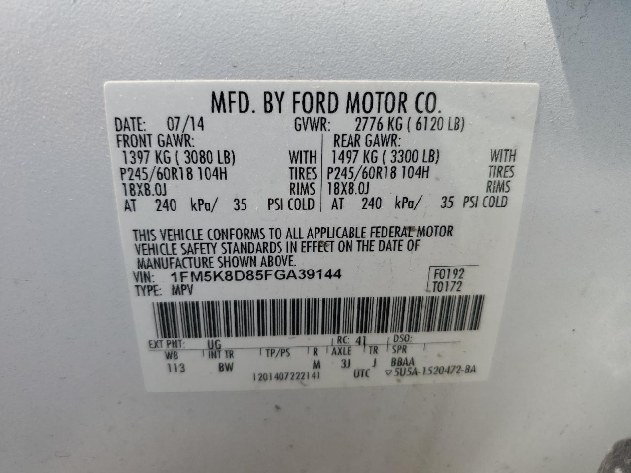 2015 Ford Explorer Xlt VIN: 1FM5K8D85FGA39144 Lot: 68178685