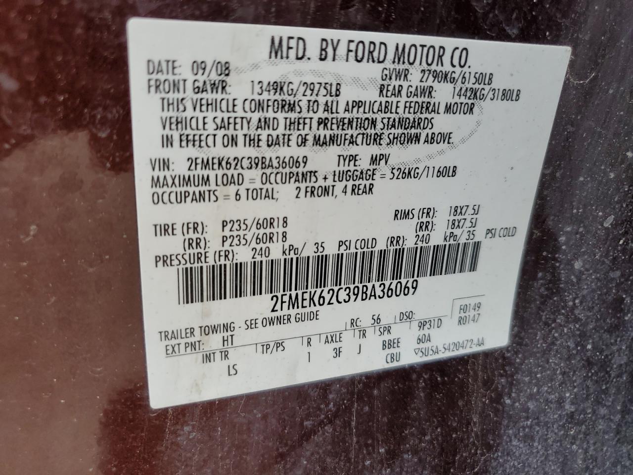 2009 Ford Flex Sel VIN: 2FMEK62C39BA36069 Lot: 70701765