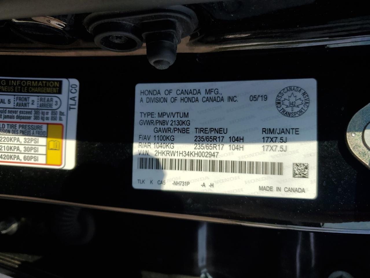 2019 Honda Cr-V Lx VIN: 2HKRW1H34KH002947 Lot: 68837095