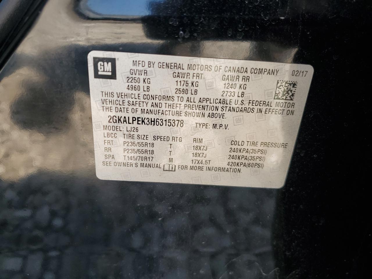 2017 GMC Terrain Slt VIN: 2GKALPEK3H6315378 Lot: 68114005