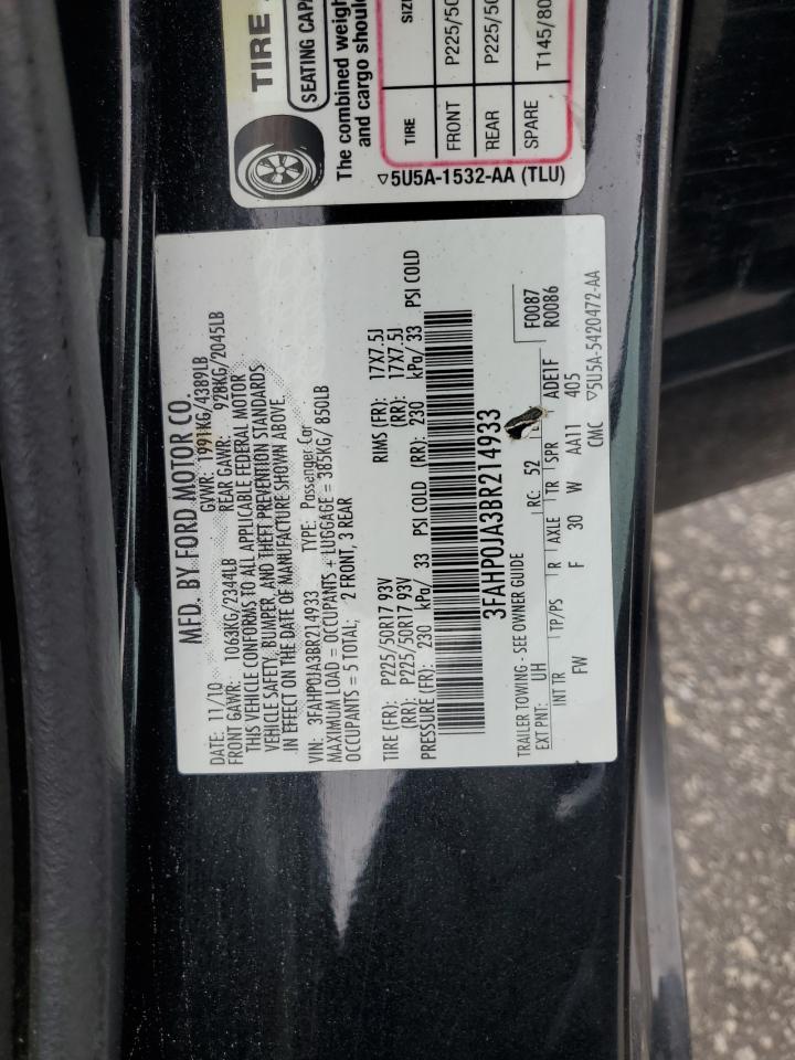 2011 Ford Fusion Sel VIN: 3FAHP0JA3BR214933 Lot: 67221805