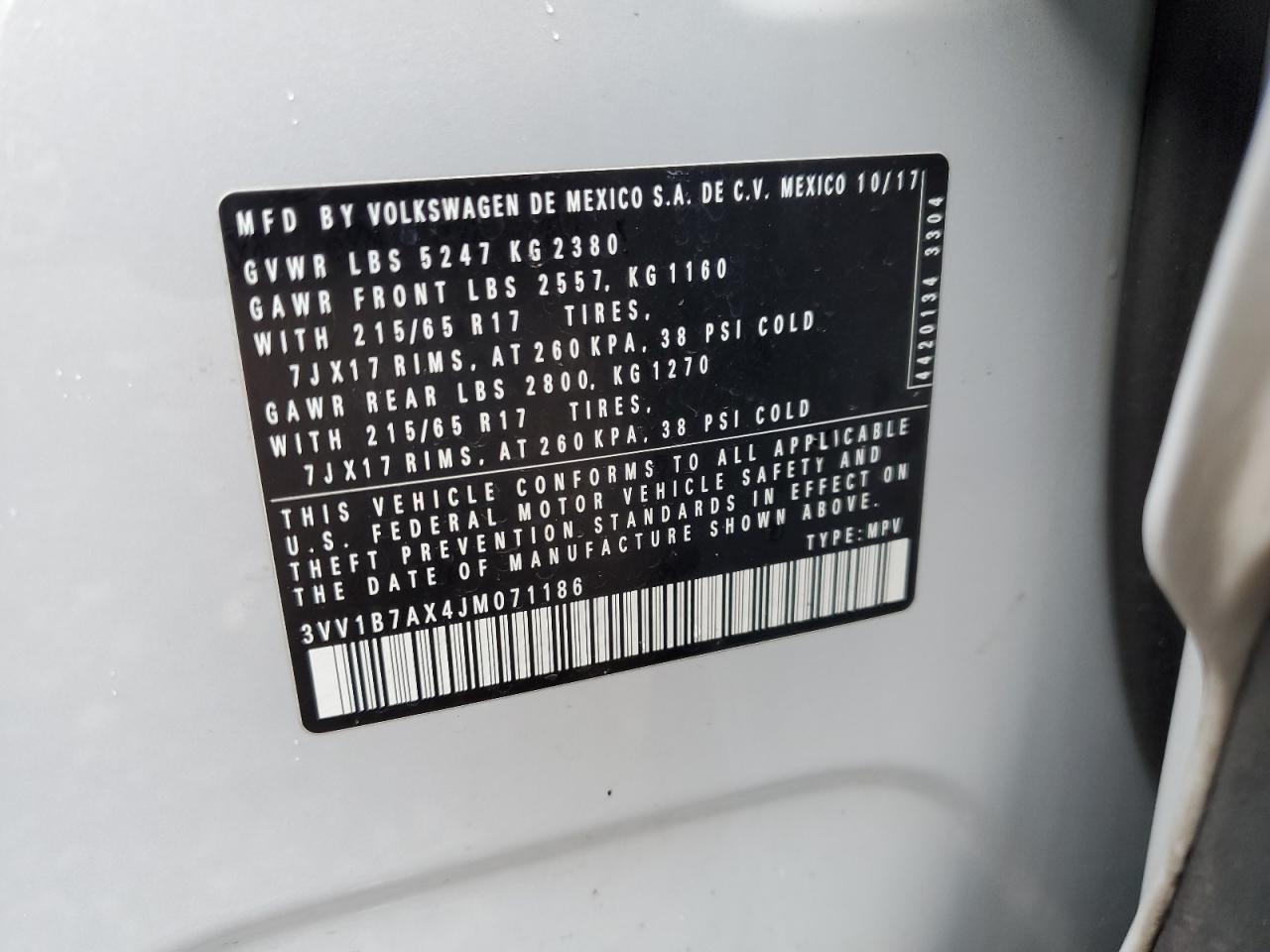 2018 Volkswagen Tiguan S VIN: 3VV1B7AX4JM071186 Lot: 68552955