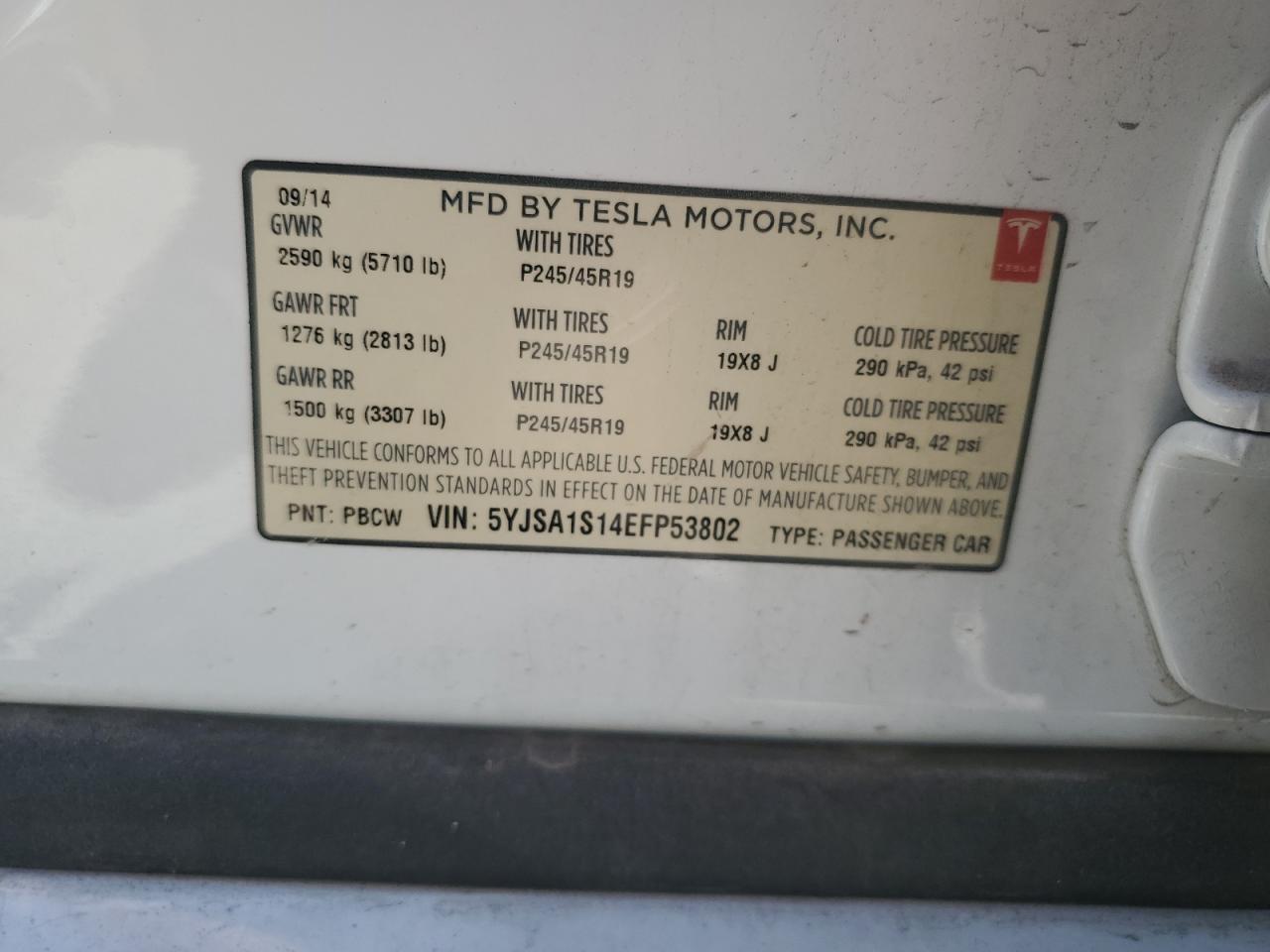 2014 Tesla Model S VIN: 5YJSA1S14EFP53802 Lot: 67493115