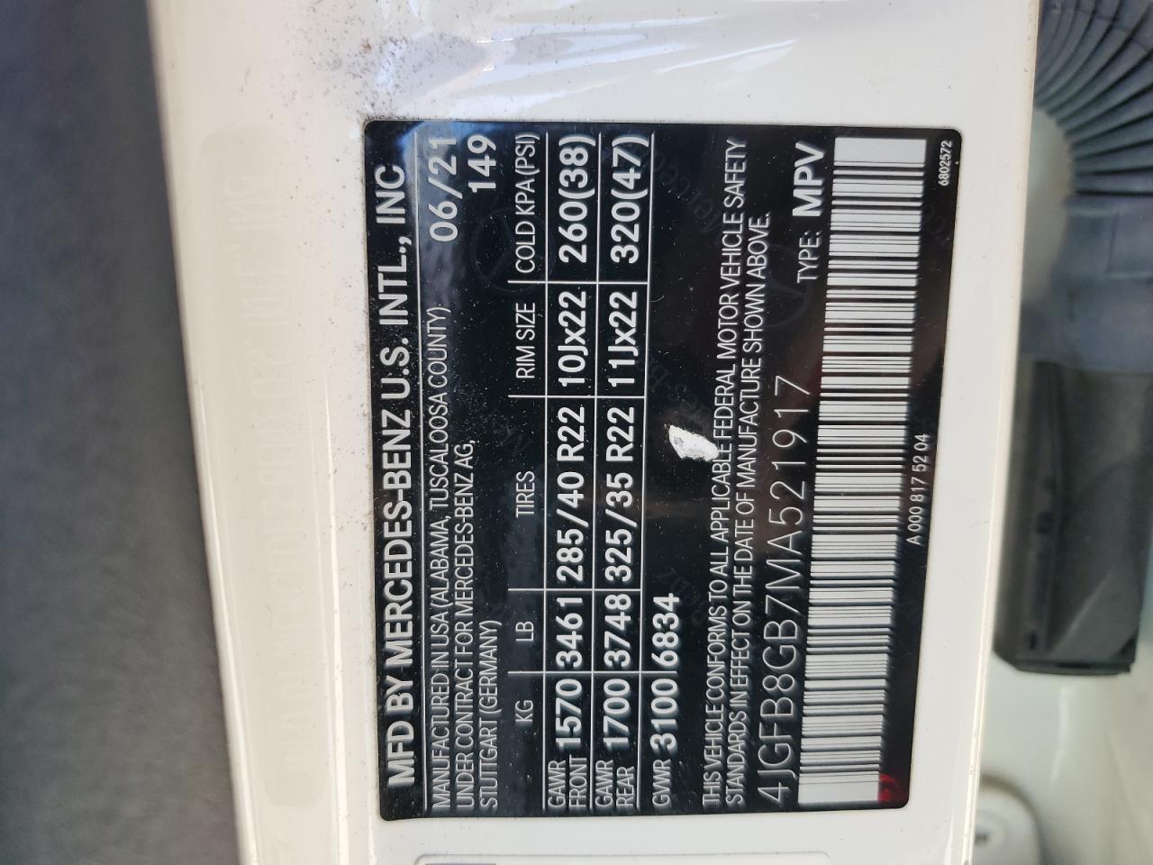 2021 Mercedes-Benz Gle 580 4Matic VIN: 4JGFB8GB7MA521917 Lot: 67089755