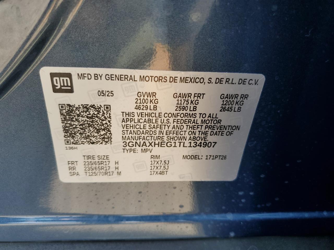 2026 Chevrolet Equinox Lt VIN: 3GNAXHEG1TL134907 Lot: 69044075
