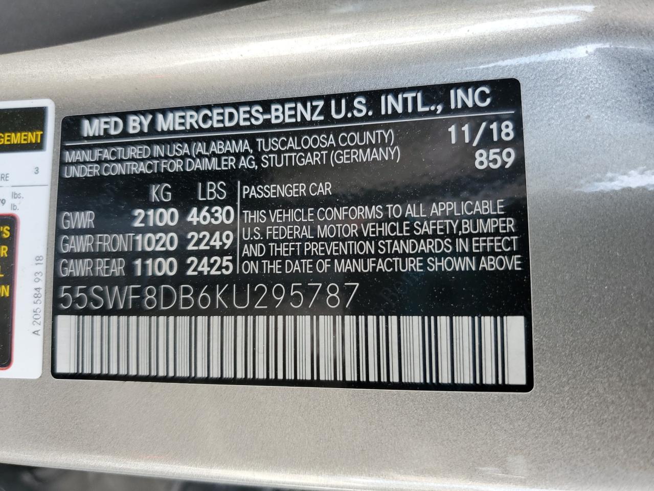 2019 Mercedes-Benz C 300 VIN: 55SWF8DB6KU295787 Lot: 67477125