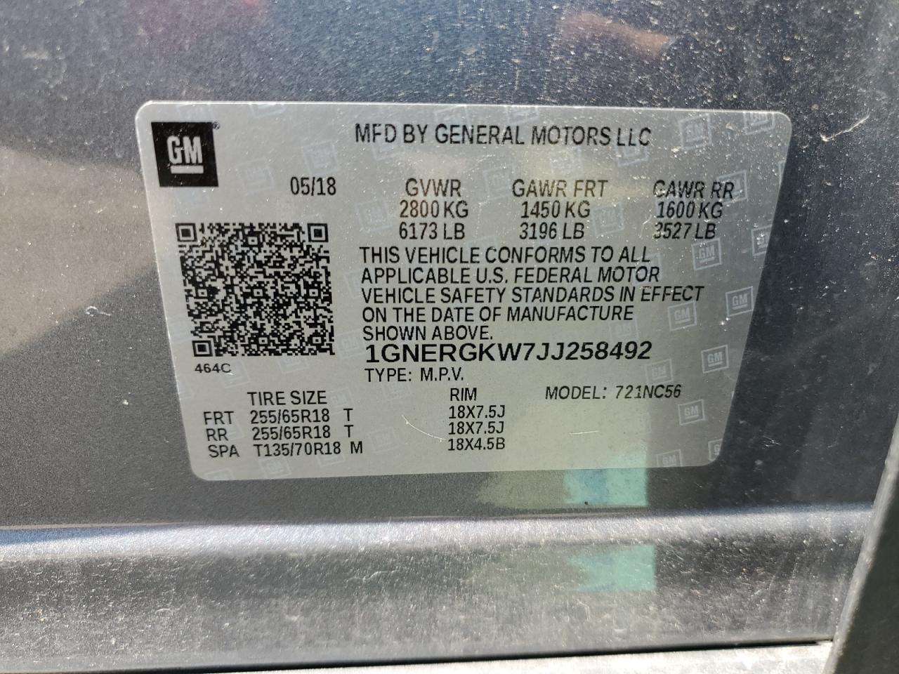 2018 Chevrolet Traverse Lt VIN: 1GNERGKW7JJ258492 Lot: 68086485