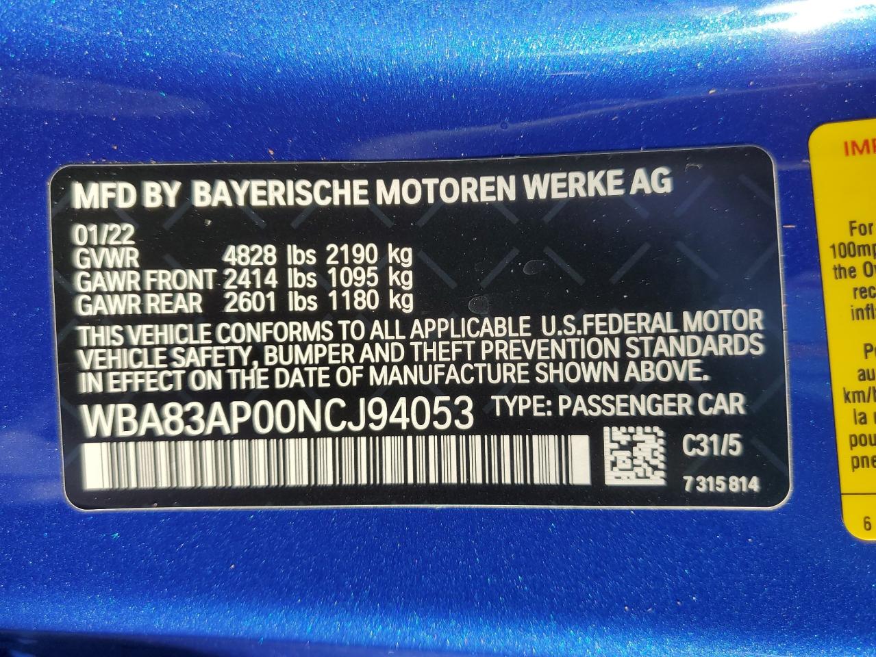 2022 BMW M440I VIN: WBA83AP00NCJ94053 Lot: 67583735