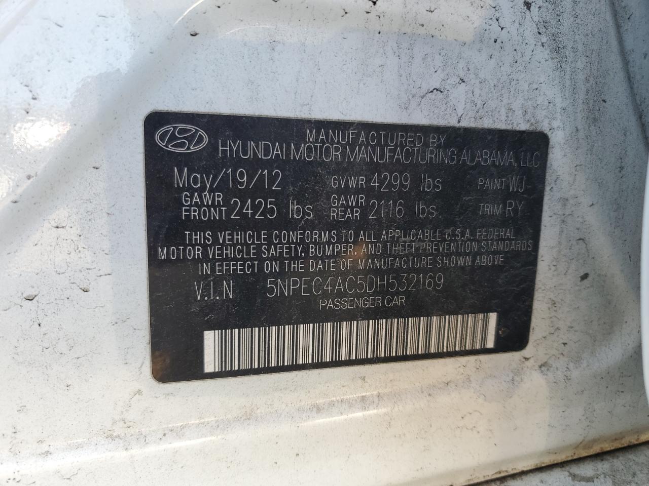 2013 Hyundai Sonata Se VIN: 5NPEC4AC5DH532169 Lot: 68471365