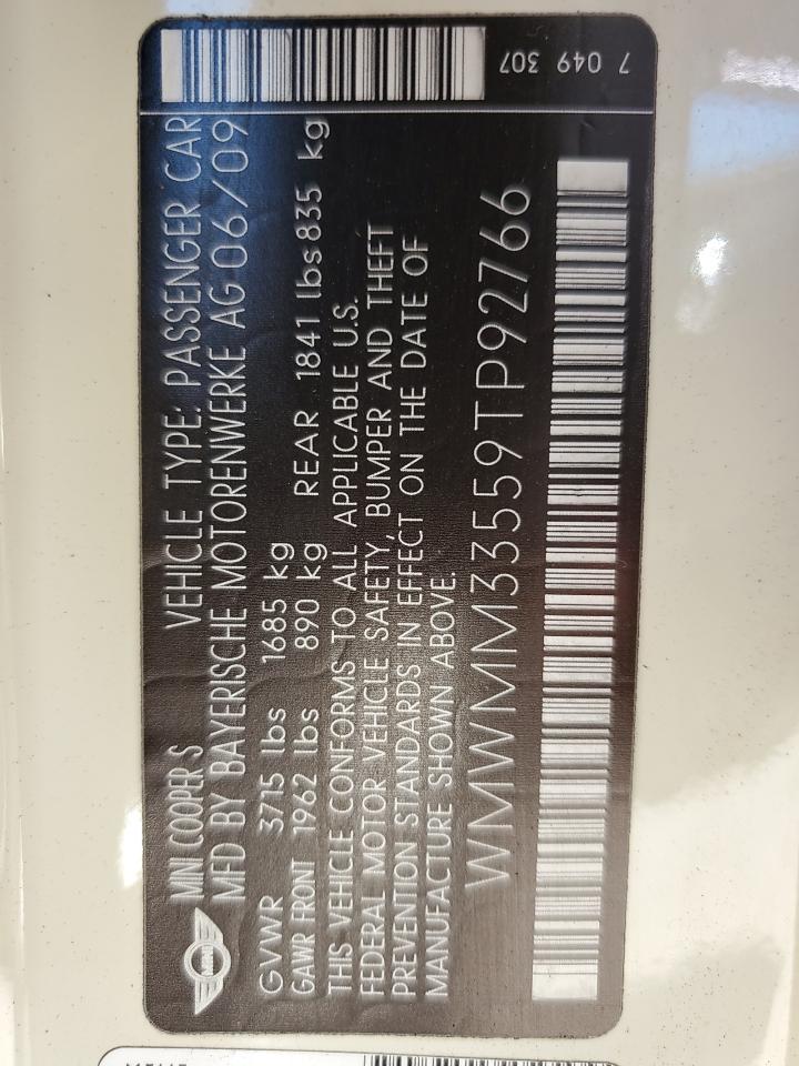 2009 Mini Cooper S Clubman VIN: WMWMM33559TP92766 Lot: 69257995