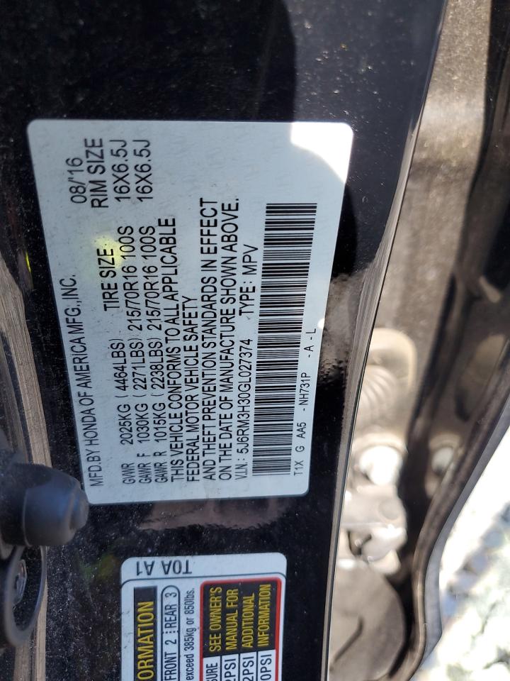 2016 Honda Cr-V Lx VIN: 5J6RM3H30GL027374 Lot: 67288785