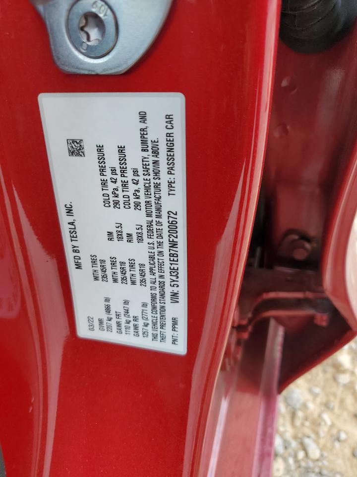 2022 Tesla Model 3 VIN: 5YJ3E1EB7NF200672 Lot: 68168405