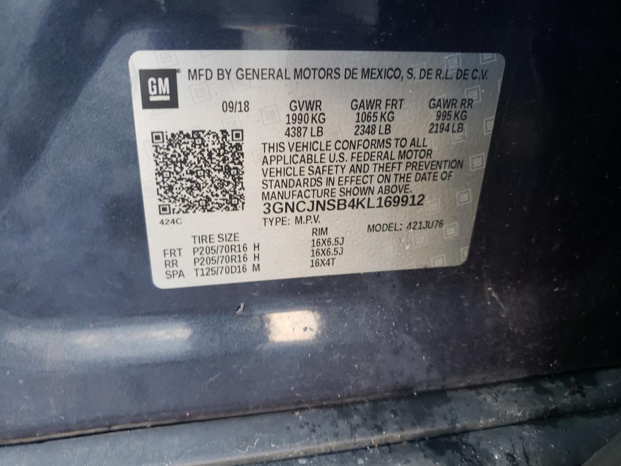 2019 Chevrolet Trax Ls VIN: 3GNCJNSB4KL169912 Lot: 65399885