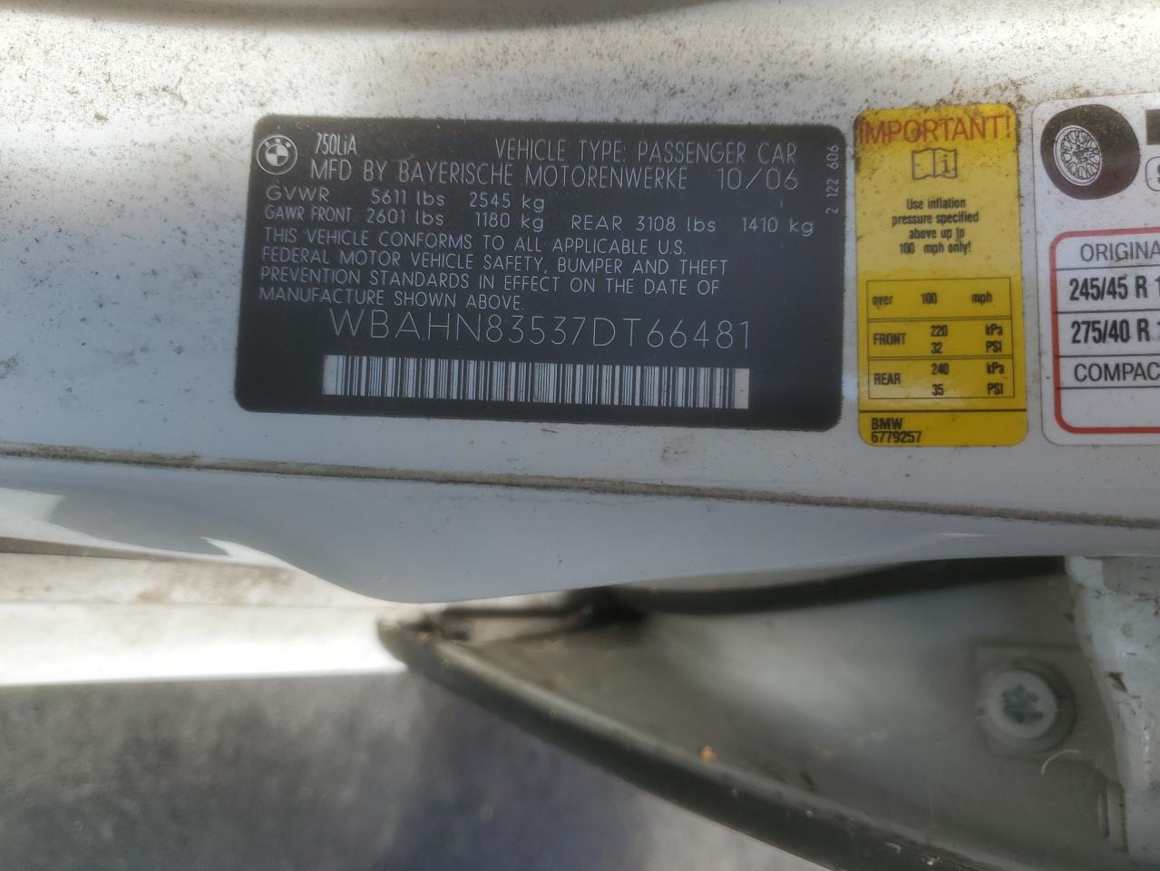 2007 BMW 750 VIN: WBAHN83537DT66481 Lot: 70590055