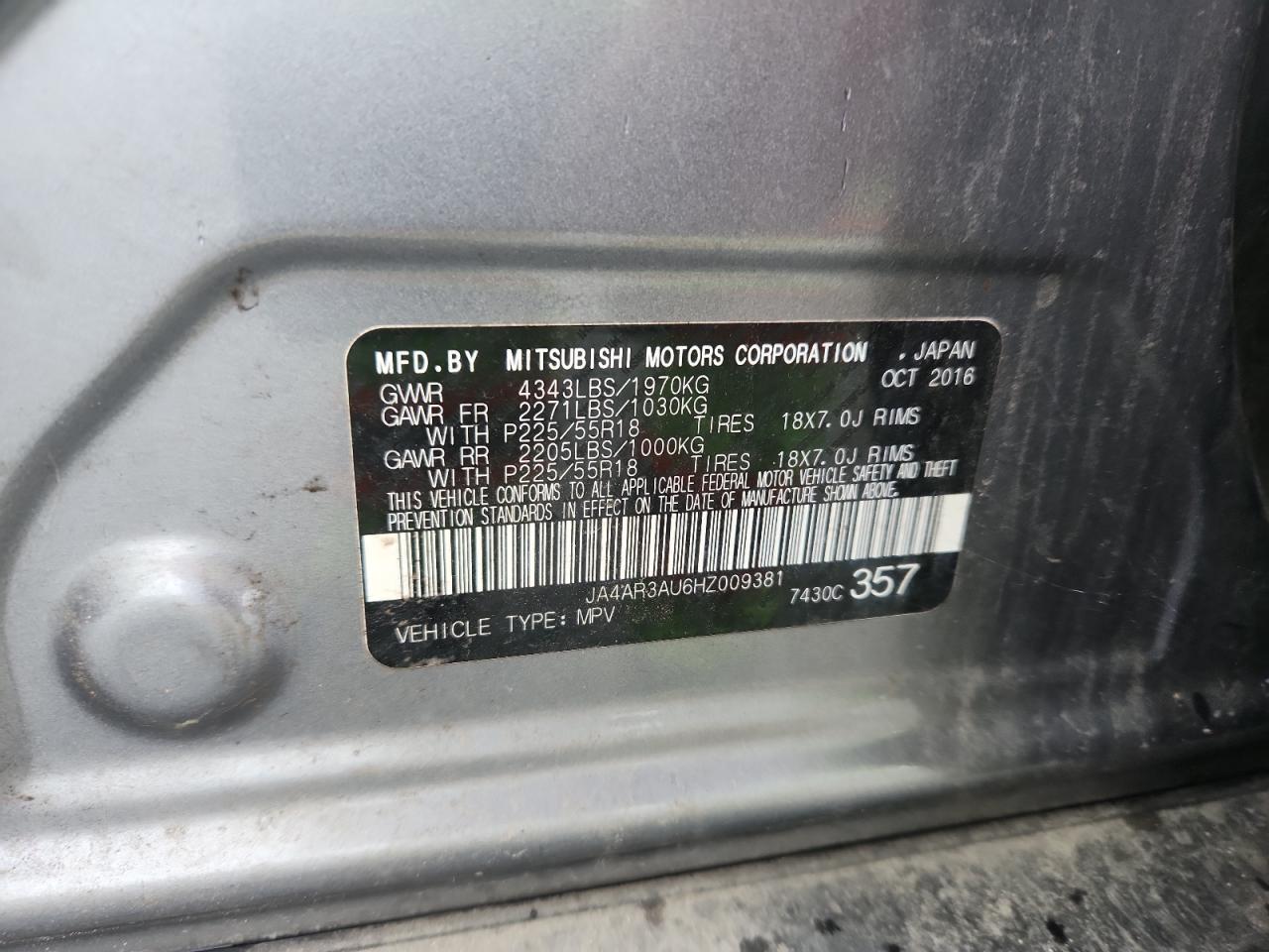 2017 Mitsubishi Outlander Sport Es VIN: JA4AR3AU6HZ009381 Lot: 67940675