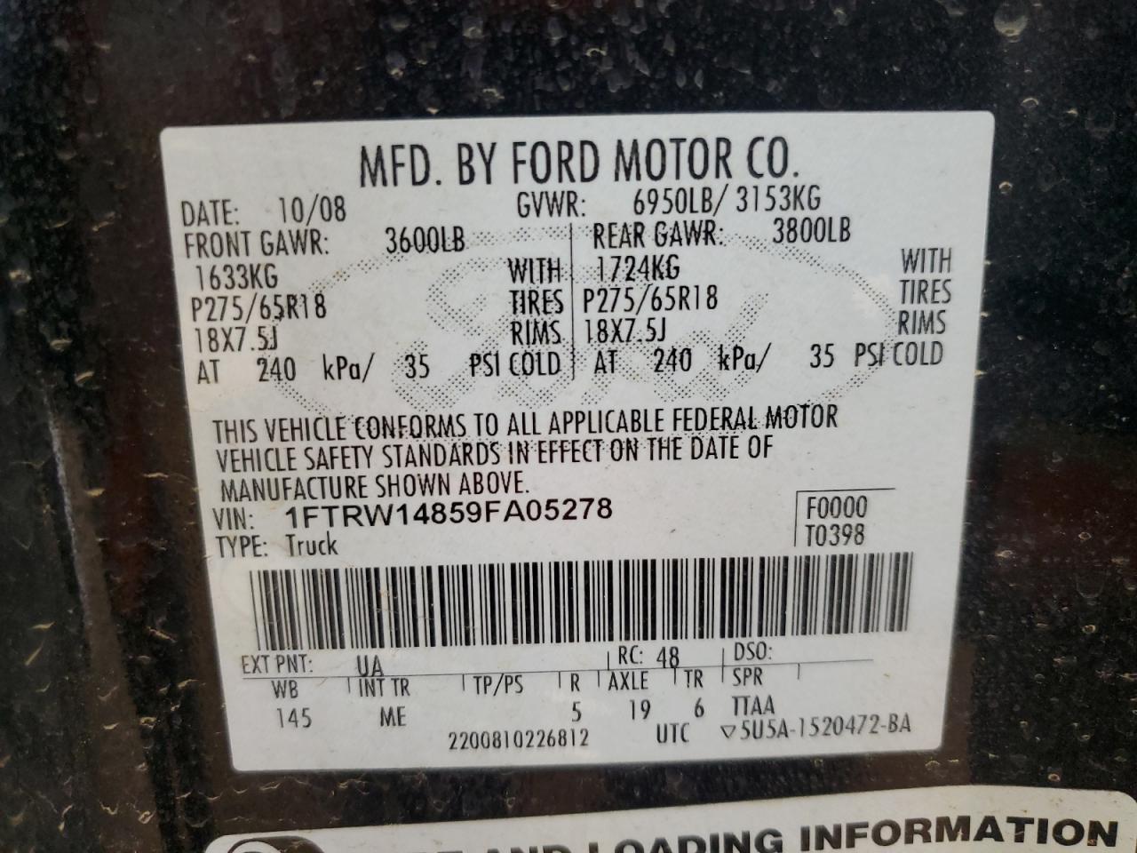 2009 Ford F150 Supercrew VIN: 1FTRW14859FA05278 Lot: 69267985