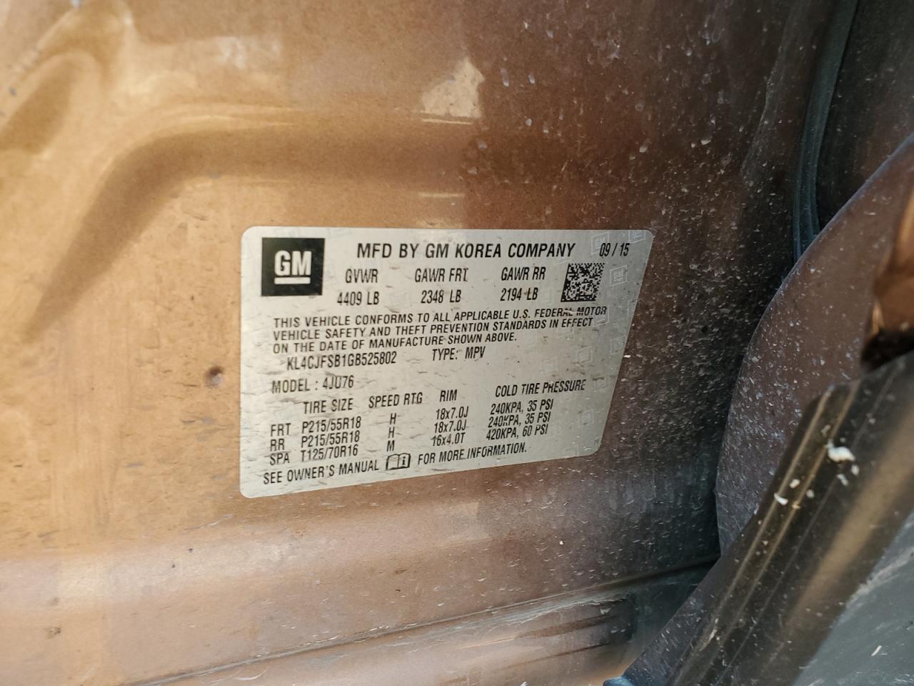 2016 Buick Encore Convenience VIN: KL4CJFSB1GB525802 Lot: 67818085