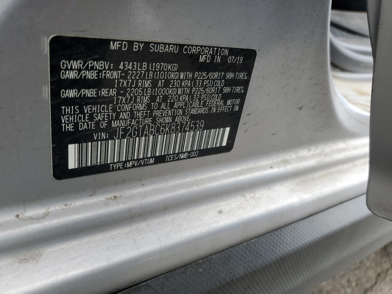 2019 Subaru Crosstrek VIN: JF2GTABC6K8374539 Lot: 69365245