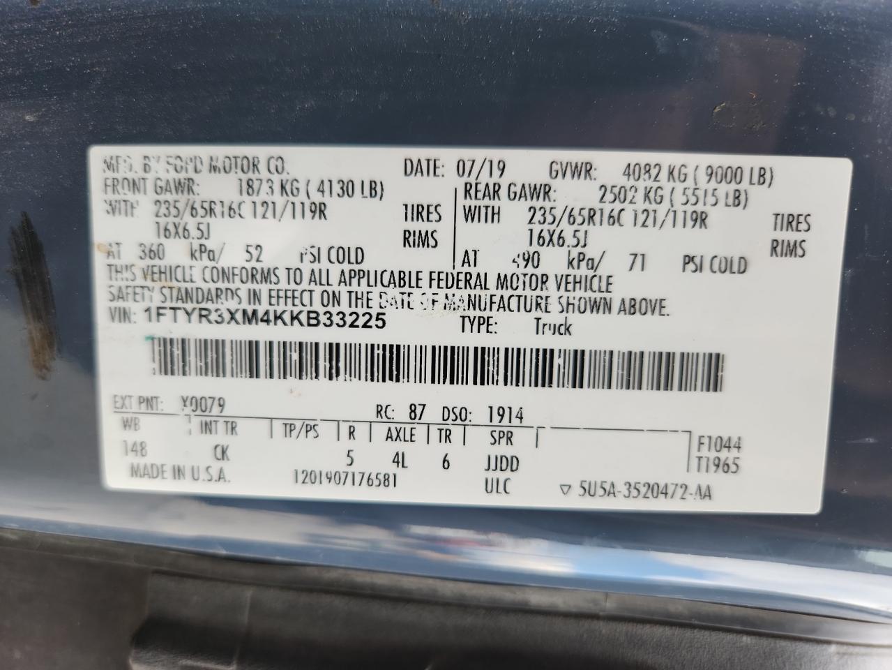 2019 Ford Transit T-250 VIN: 1FTYR3XM4KKB33225 Lot: 70564275