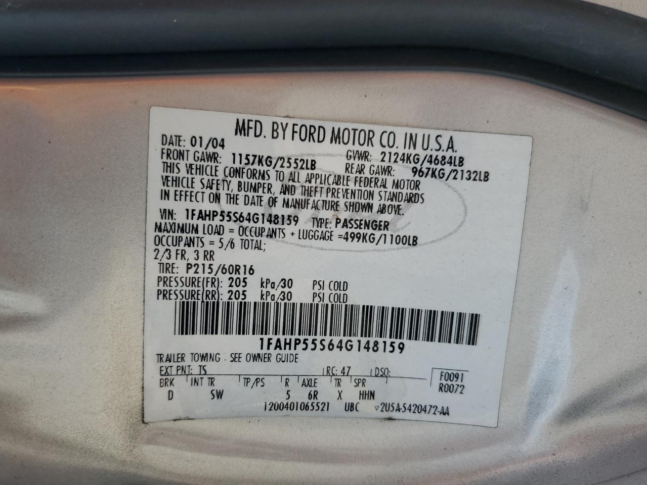 2004 Ford Taurus Ses VIN: 1FAHP55S64G148159 Lot: 68862385