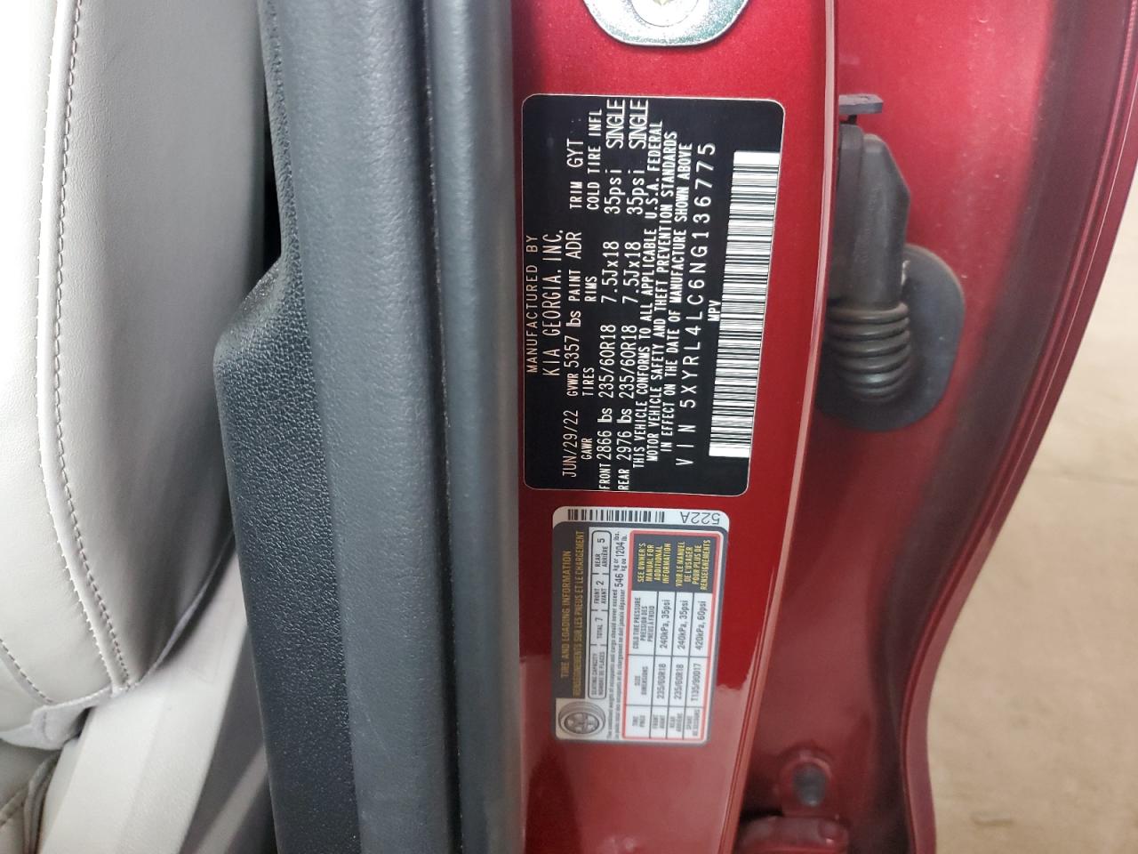 2022 Kia Sorento S VIN: 5XYRL4LC6NG136775 Lot: 66830085