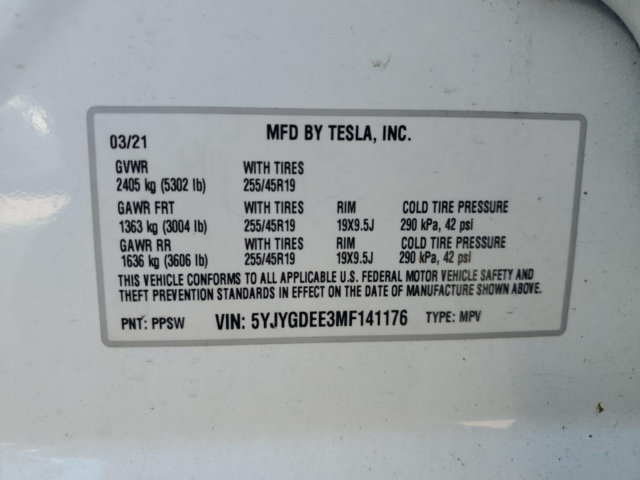 2021 Tesla Model Y VIN: 5YJYGDEE3MF141176 Lot: 68704715