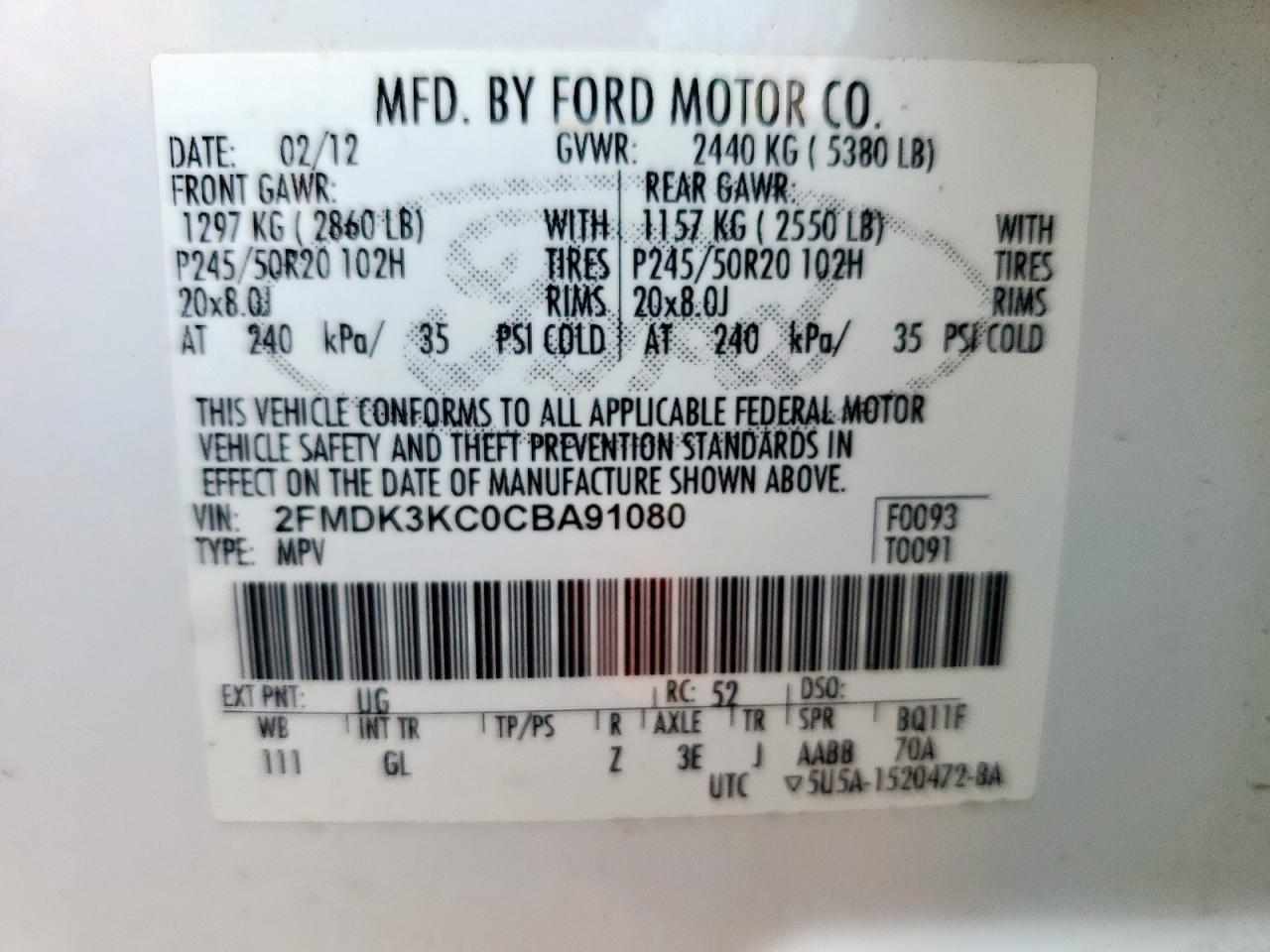 2012 Ford Edge Limited VIN: 2FMDK3KC0CBA91080 Lot: 66628735