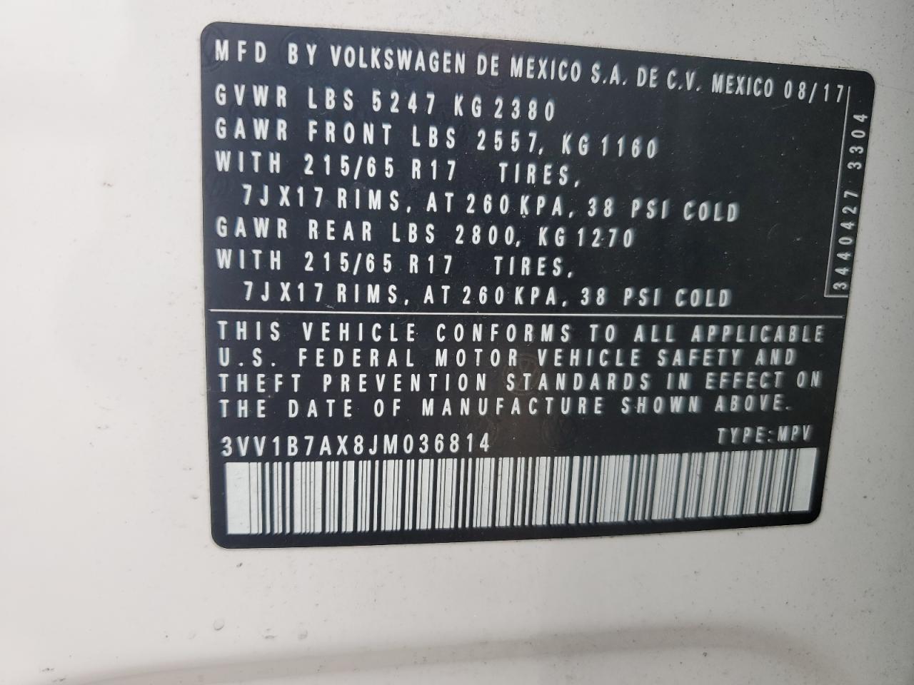 2018 Volkswagen Tiguan S VIN: 3VV1B7AX8JM036814 Lot: 69408915