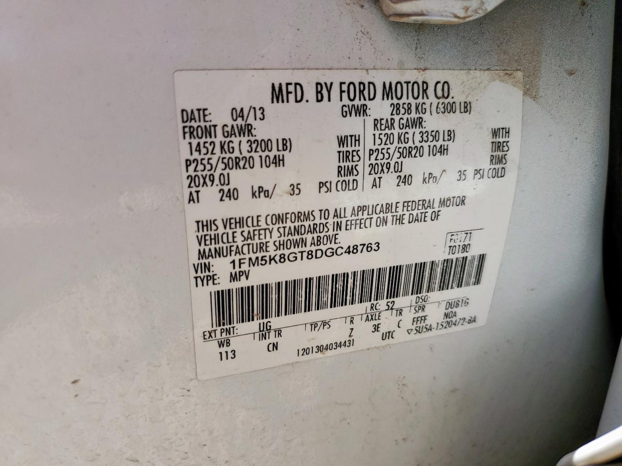 2013 Ford Explorer Sport VIN: 1FM5K8GT8DGC48763 Lot: 67542675