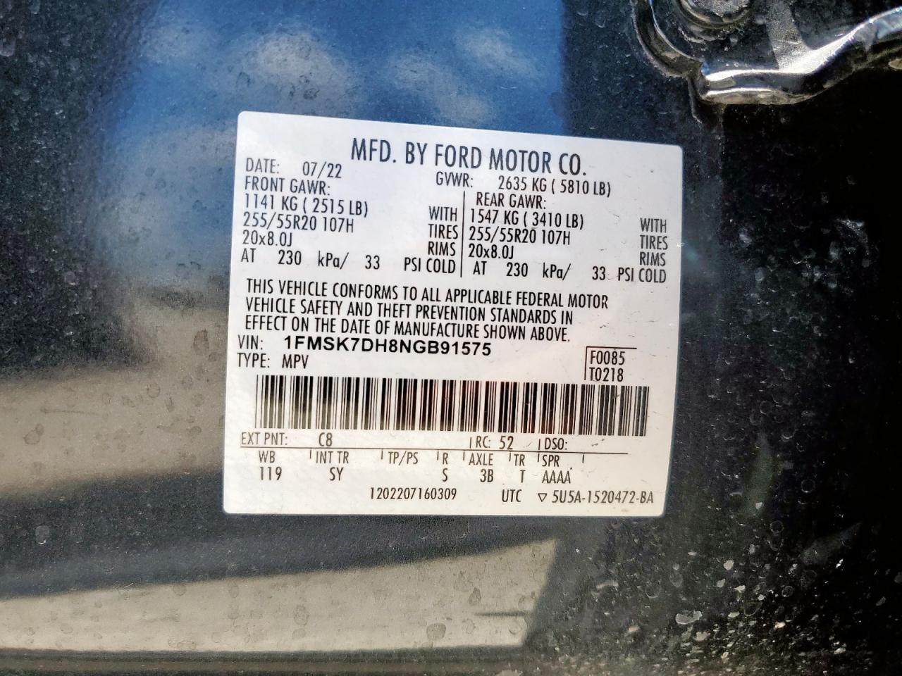 2022 Ford Explorer Xlt VIN: 1FMSK7DH8NGB91575 Lot: 70921695