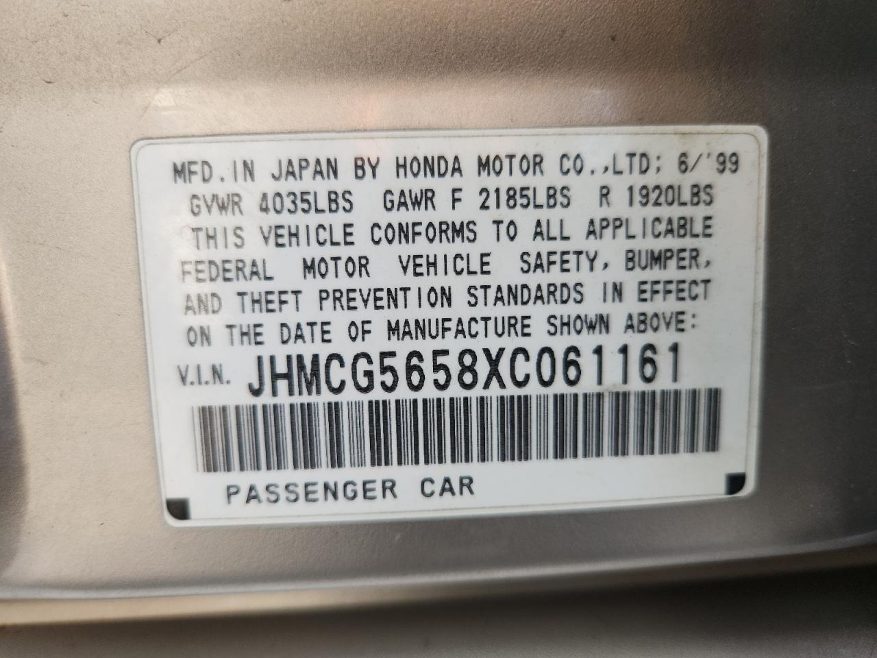 1999 Honda Accord Ex VIN: JHMCG5658XC061161 Lot: 69674755