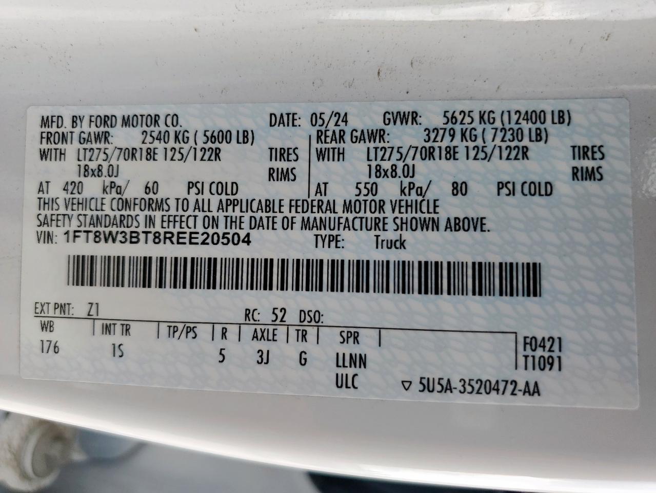 2024 Ford F350 Super Duty VIN: 1FT8W3BT8REE20504 Lot: 66466065
