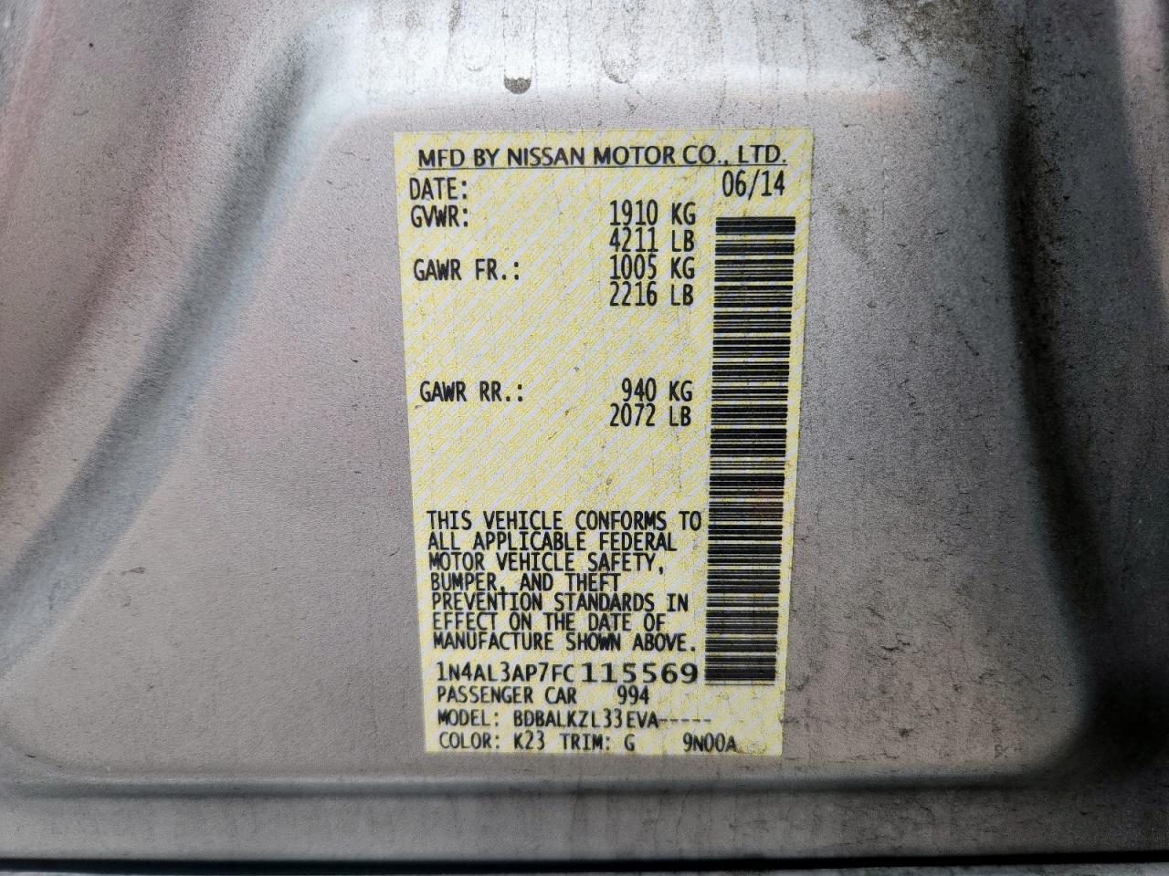 2015 Nissan Altima 2.5 VIN: 1N4AL3AP7FC115569 Lot: 69073855