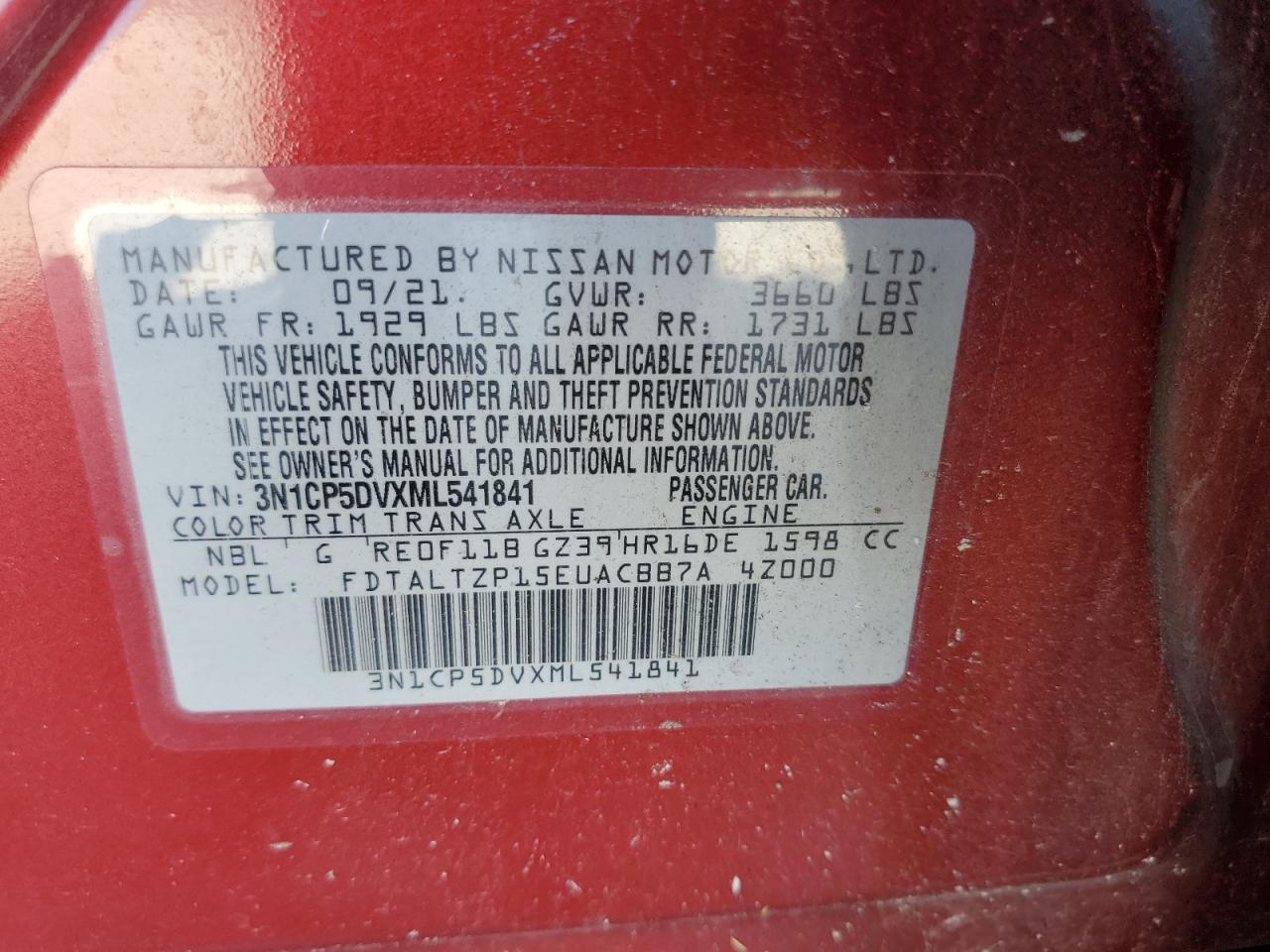 2021 Nissan Kicks Sr VIN: 3N1CP5DVXML541841 Lot: 68221245