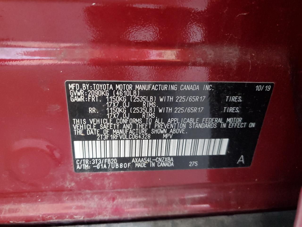 2020 Toyota Rav4 Le VIN: 2T3F1RFV0LC064328 Lot: 68893025