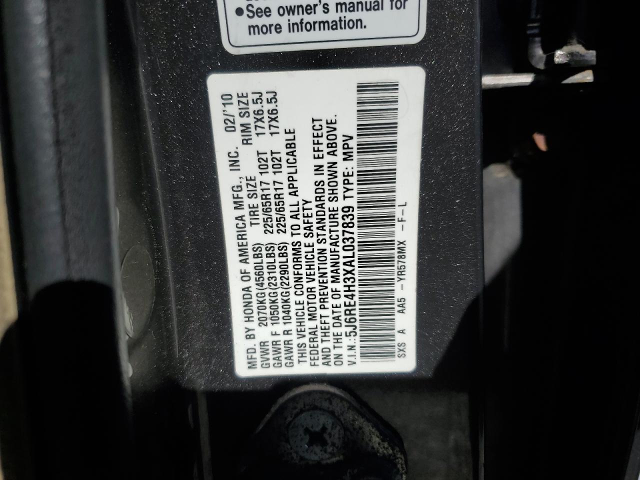 2010 Honda Cr-V Lx VIN: 5J6RE4H3XAL037839 Lot: 69141785