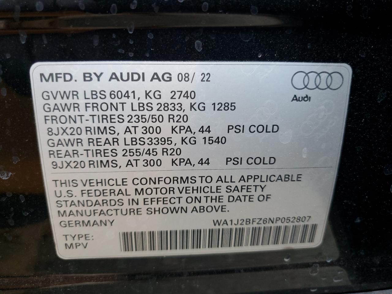 2022 Audi Q4 E-Tron Prestige VIN: WA1J2BFZ6NP052807 Lot: 67833425