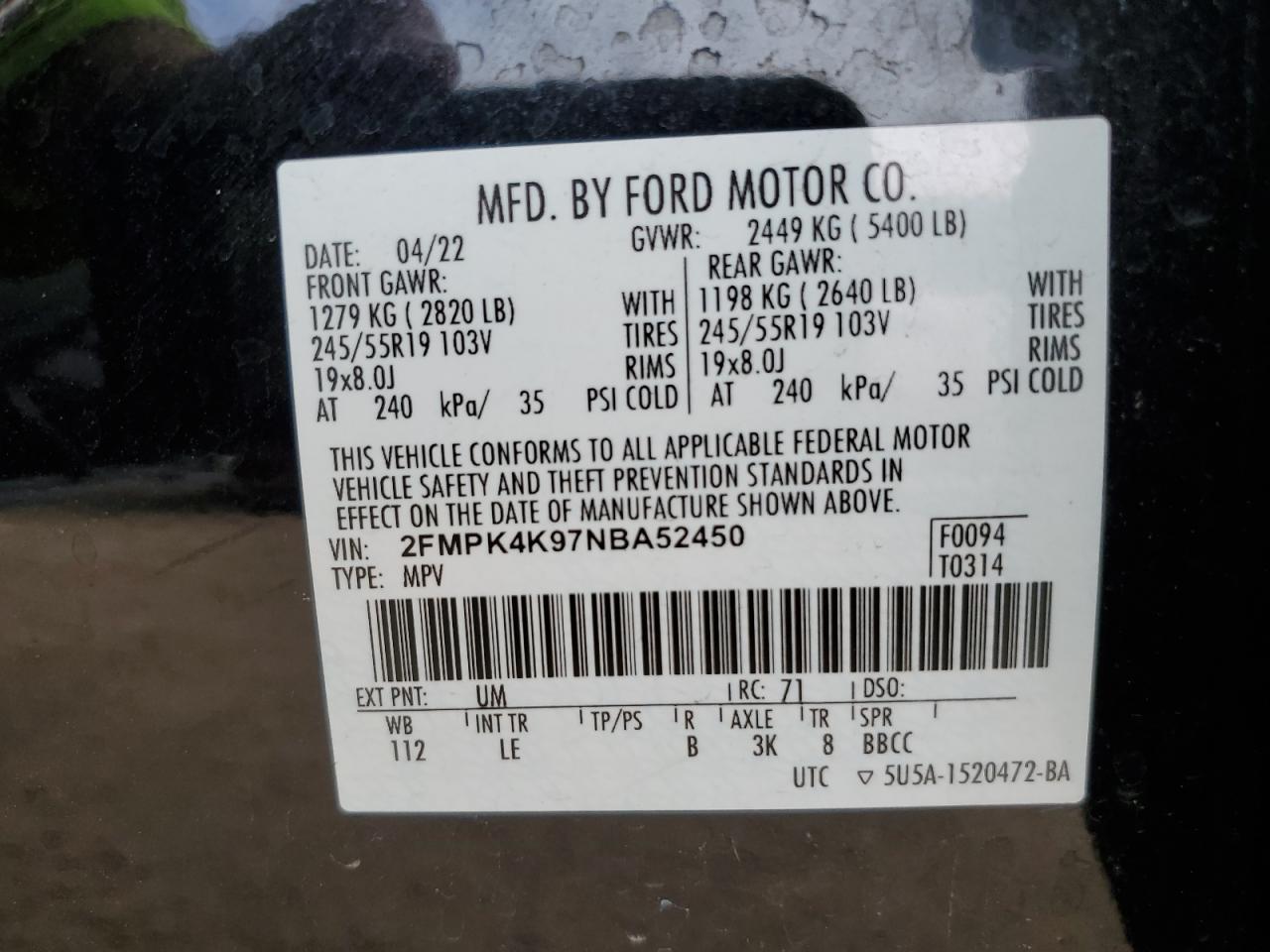 2022 Ford Edge Titanium VIN: 2FMPK4K97NBA52450 Lot: 68193525